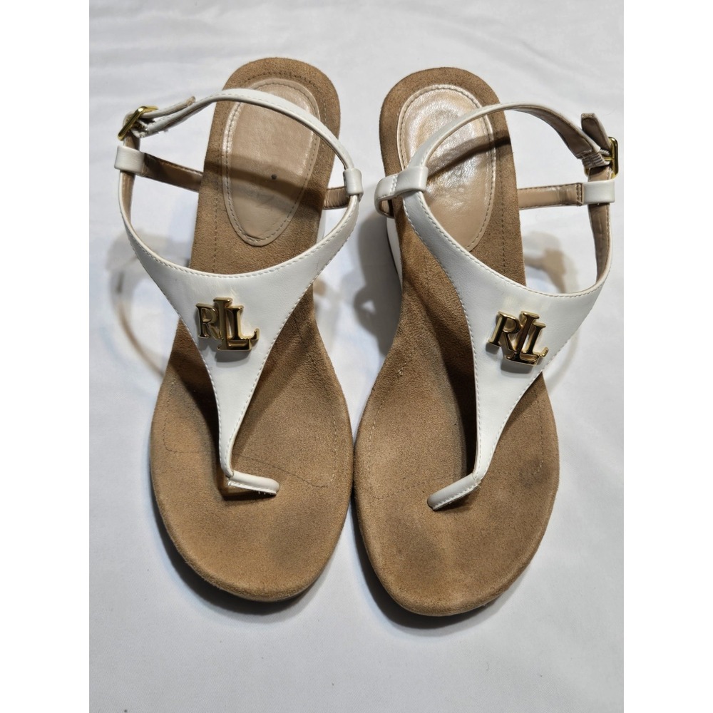 Lauren Ralph Lauren Women's Jeannie Wedge Sandal White T Strap Thong Logo Sz 7B